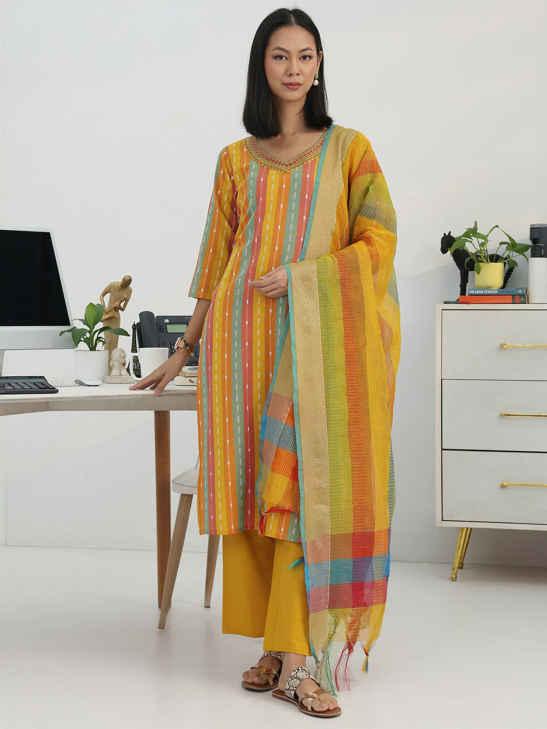 Multi Ethnic Motif Woven Design Cotton Blend Straight Suit Set With Dupatta