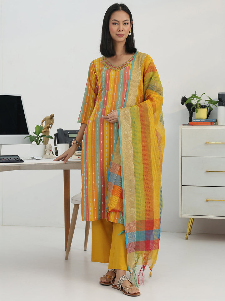 Multi Ethnic Motif Woven Design Cotton Blend Straight Suit Set With Dupatta