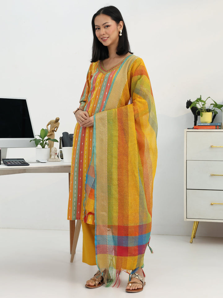 Multi Ethnic Motif Woven Design Cotton Blend Straight Suit Set With Dupatta