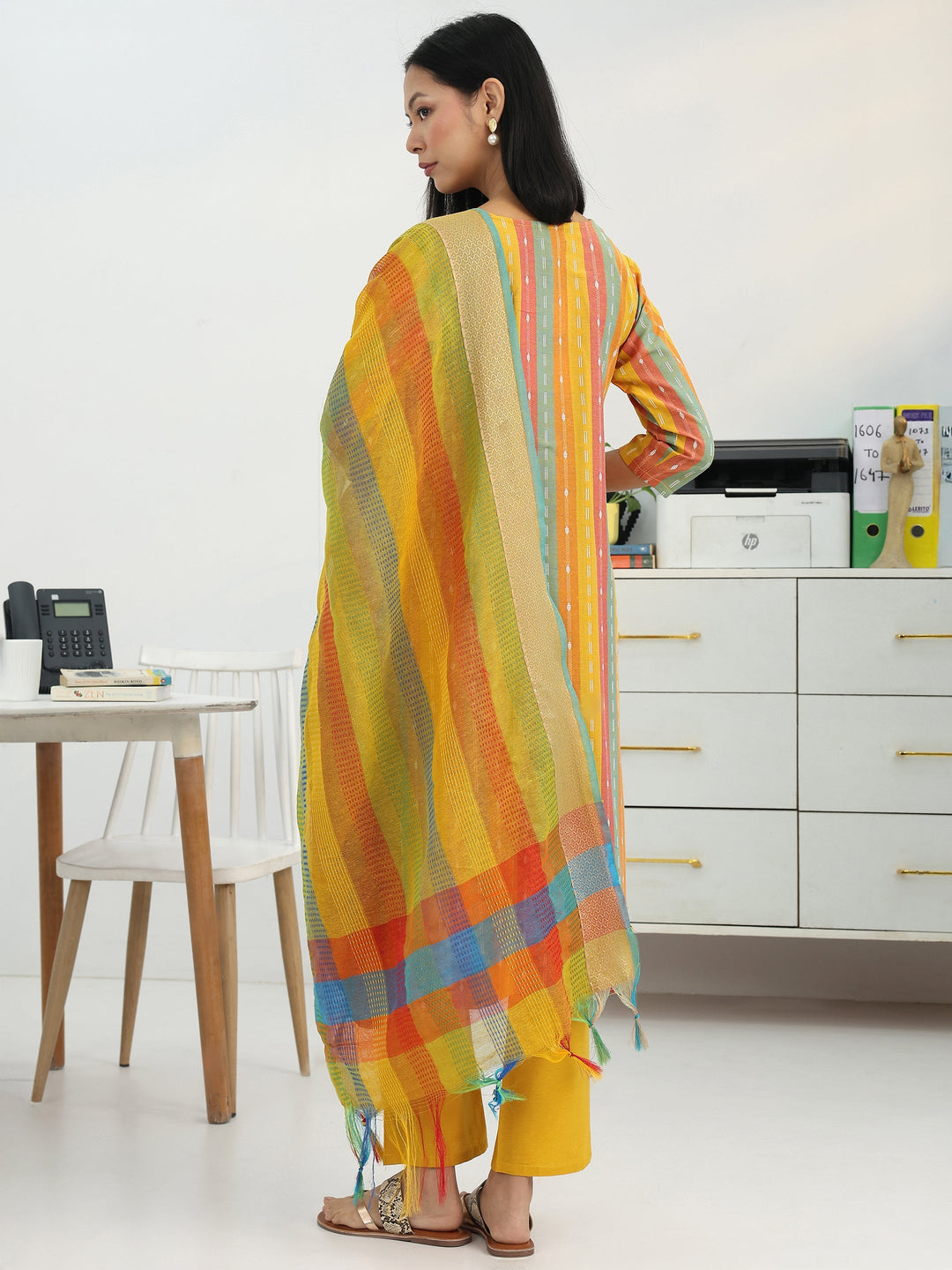 Multi Ethnic Motif Woven Design Cotton Blend Straight Suit Set With Dupatta