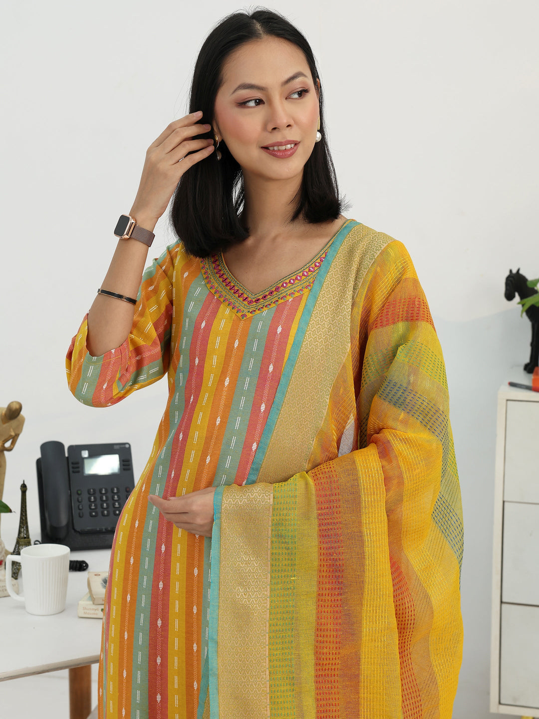 Multi Ethnic Motif Woven Design Cotton Blend Straight Suit Set With Dupatta
