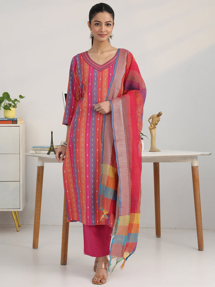 Sleek Pink Multi-Striped Cotton Blend Handloom Straight Suit Set