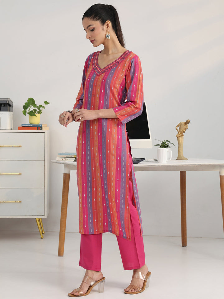 Sleek Pink Multi-Striped Cotton Blend Handloom Straight Suit Set