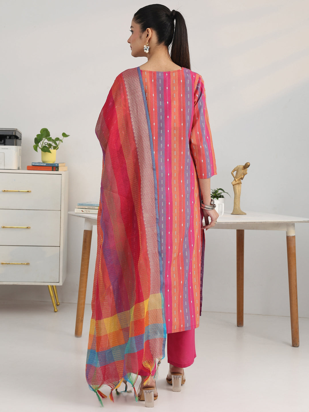 Sleek Pink Multi-Striped Cotton Blend Handloom Straight Suit Set