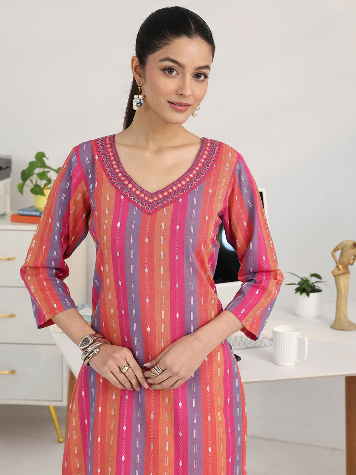 Sleek Pink Multi-Striped Cotton Blend Handloom Straight Suit Set