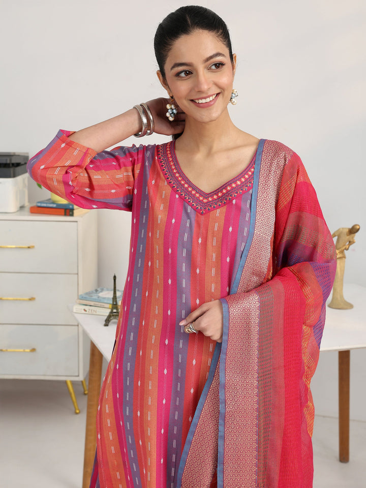 Sleek Pink Multi-Striped Cotton Blend Handloom Straight Suit Set