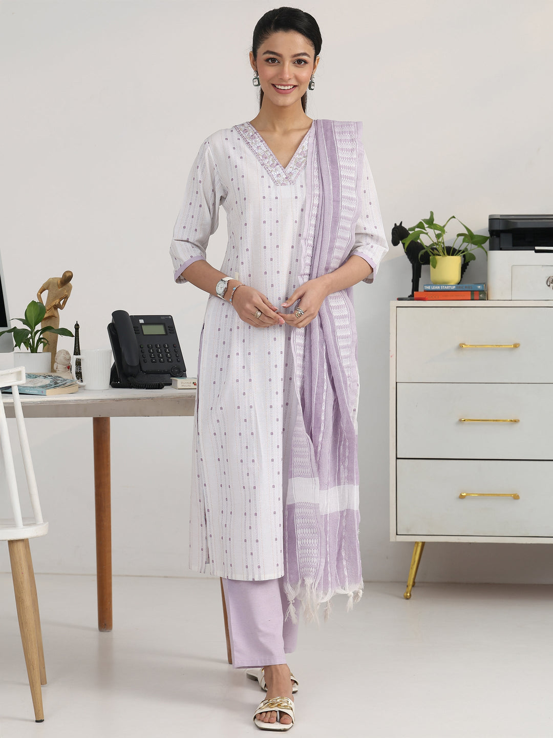 Off White Ethnic Motif Woven Design Cotton Blend Straight Suit Set With Dupatta