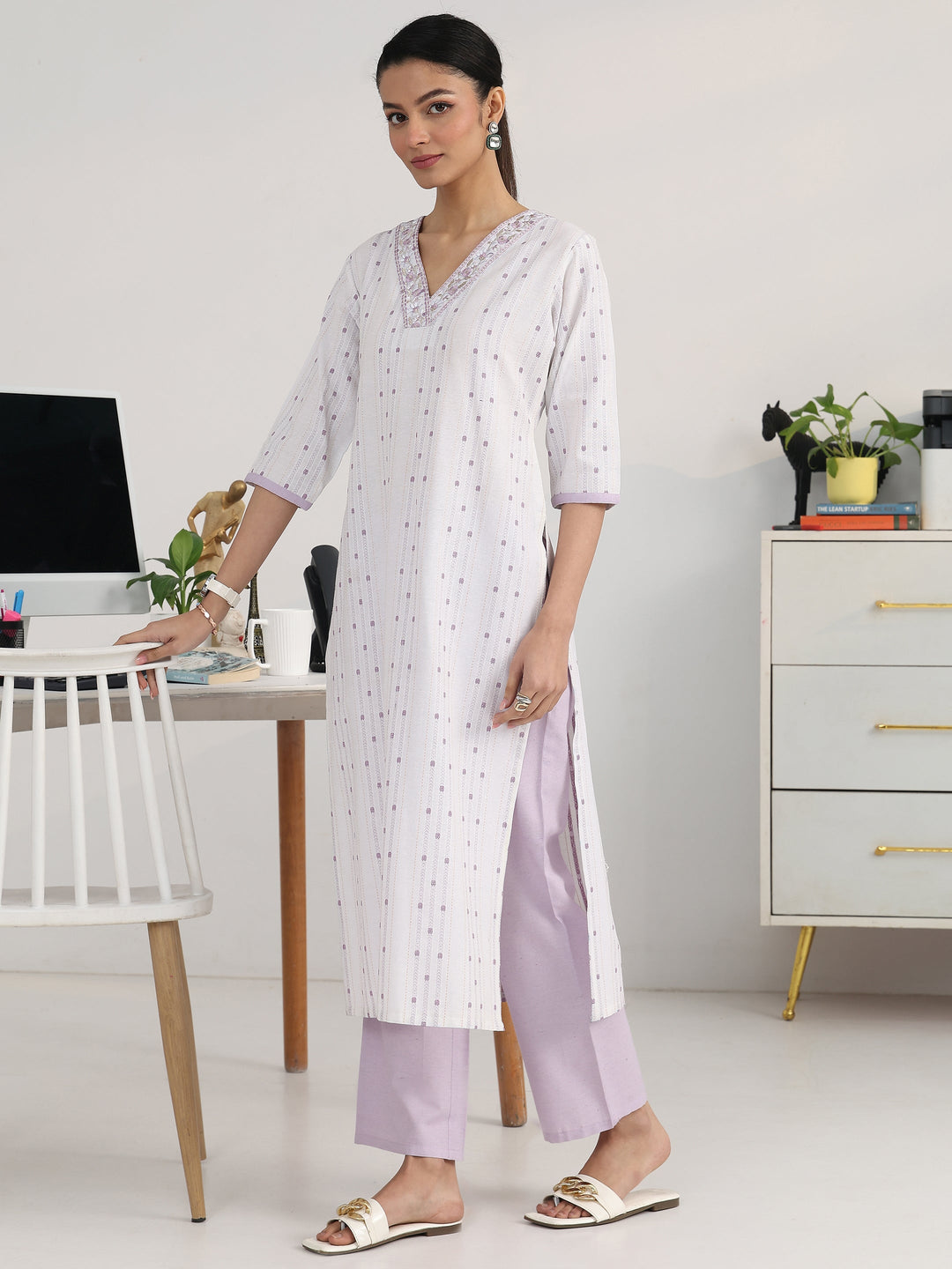 Off White Ethnic Motif Woven Design Cotton Blend Straight Suit Set With Dupatta