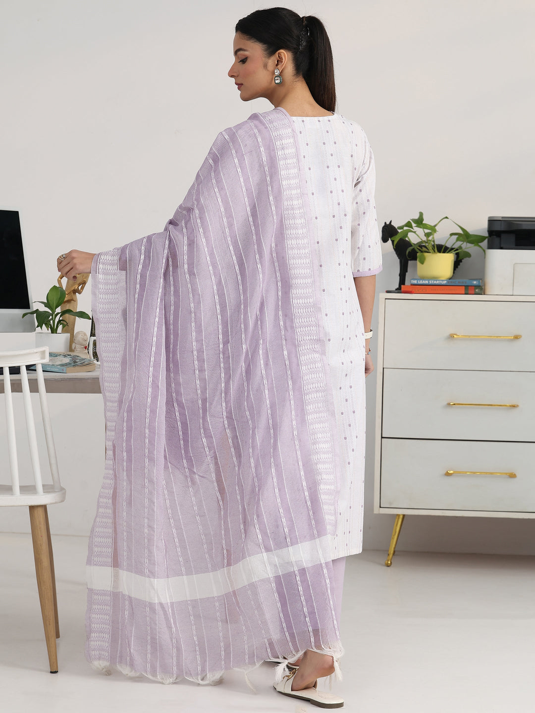 Off White Ethnic Motif Woven Design Cotton Blend Straight Suit Set With Dupatta