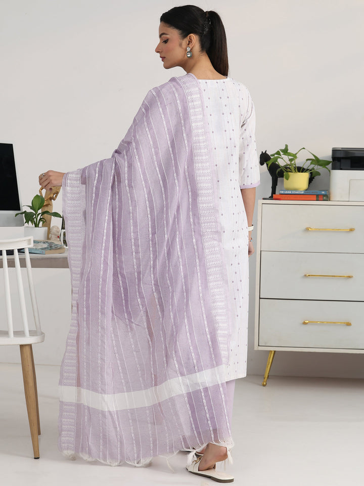 Off White Ethnic Motif Woven Design Cotton Blend Straight Suit Set With Dupatta