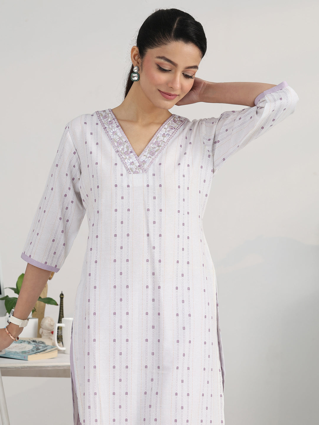 Off White Ethnic Motif Woven Design Cotton Blend Straight Suit Set With Dupatta