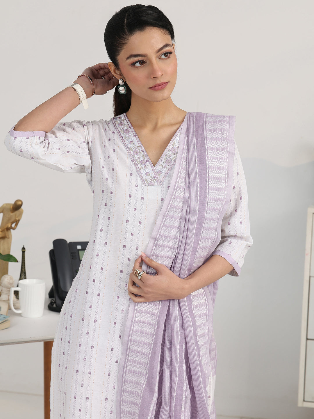 Off White Ethnic Motif Woven Design Cotton Blend Straight Suit Set With Dupatta