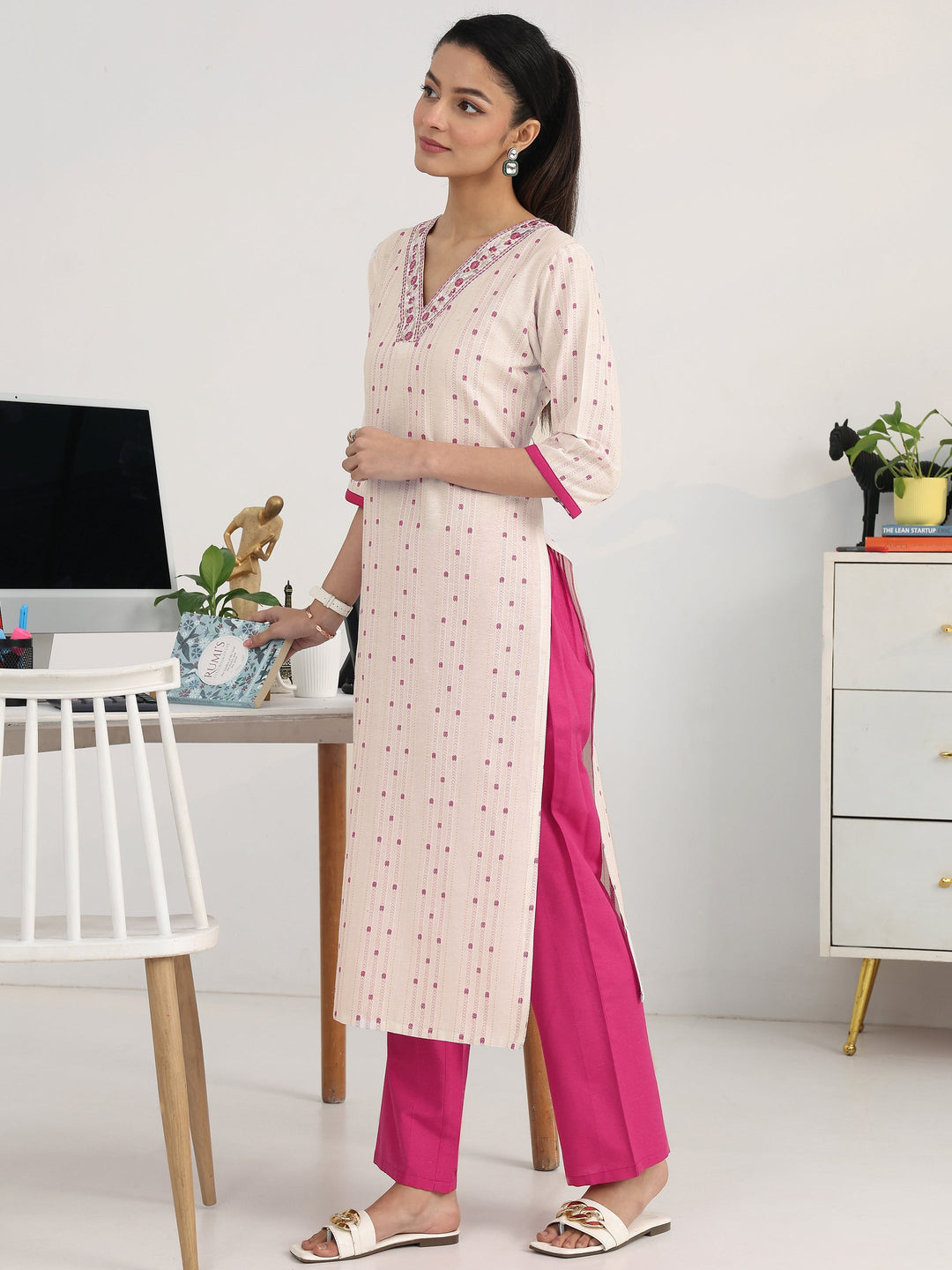 Off White Ethnic Motif Woven Design Cotton Blend Straight Suit Set With Dupatta