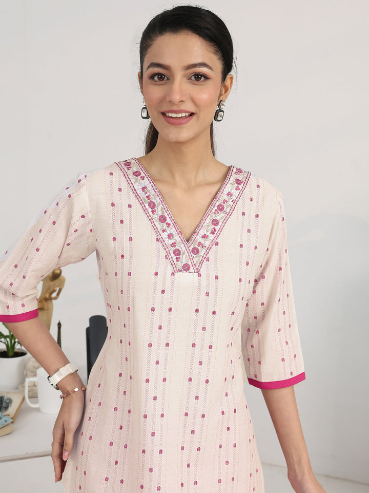 Off White Ethnic Motif Woven Design Cotton Blend Straight Suit Set With Dupatta