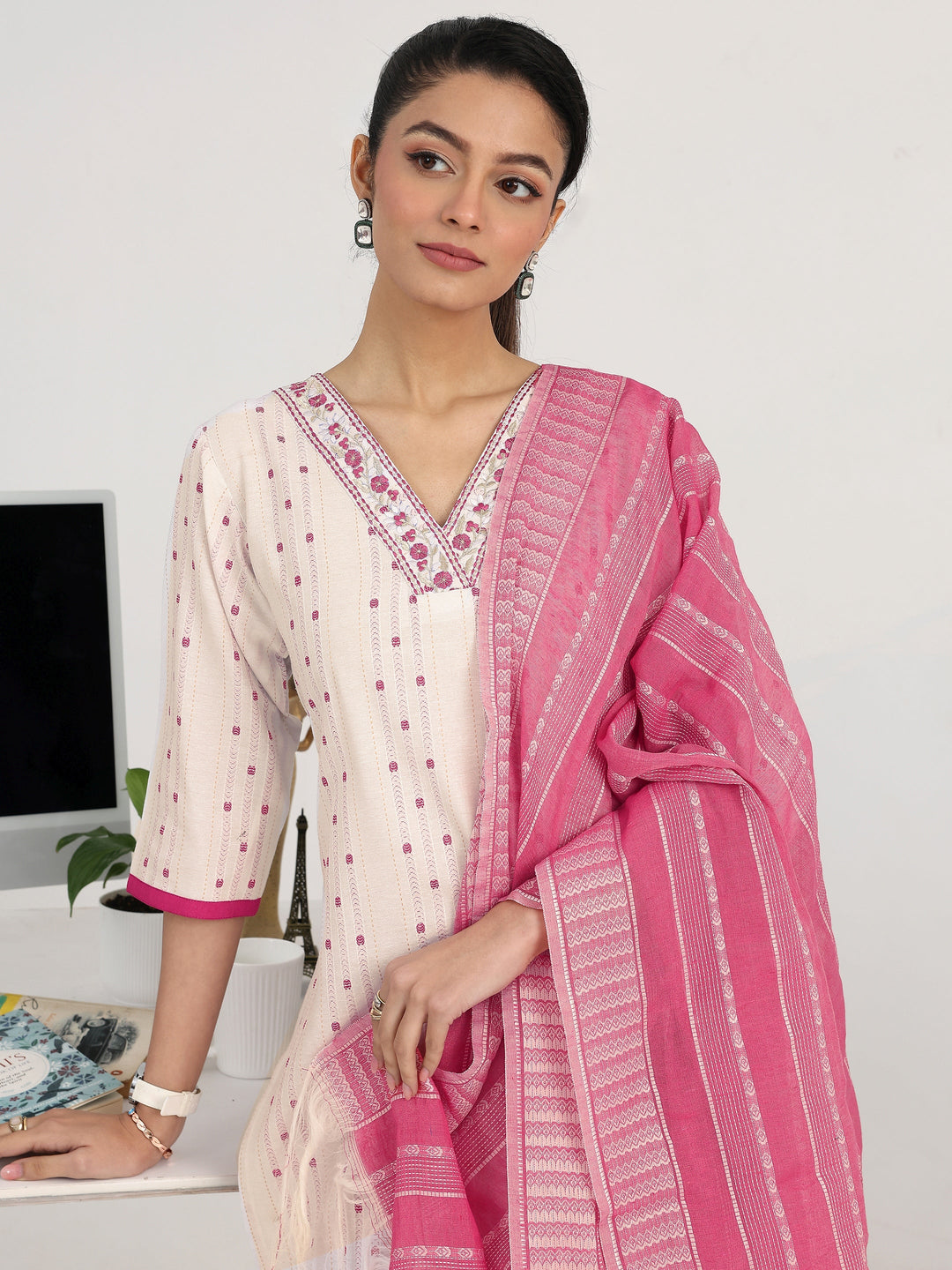 Off White Ethnic Motif Woven Design Cotton Blend Straight Suit Set With Dupatta