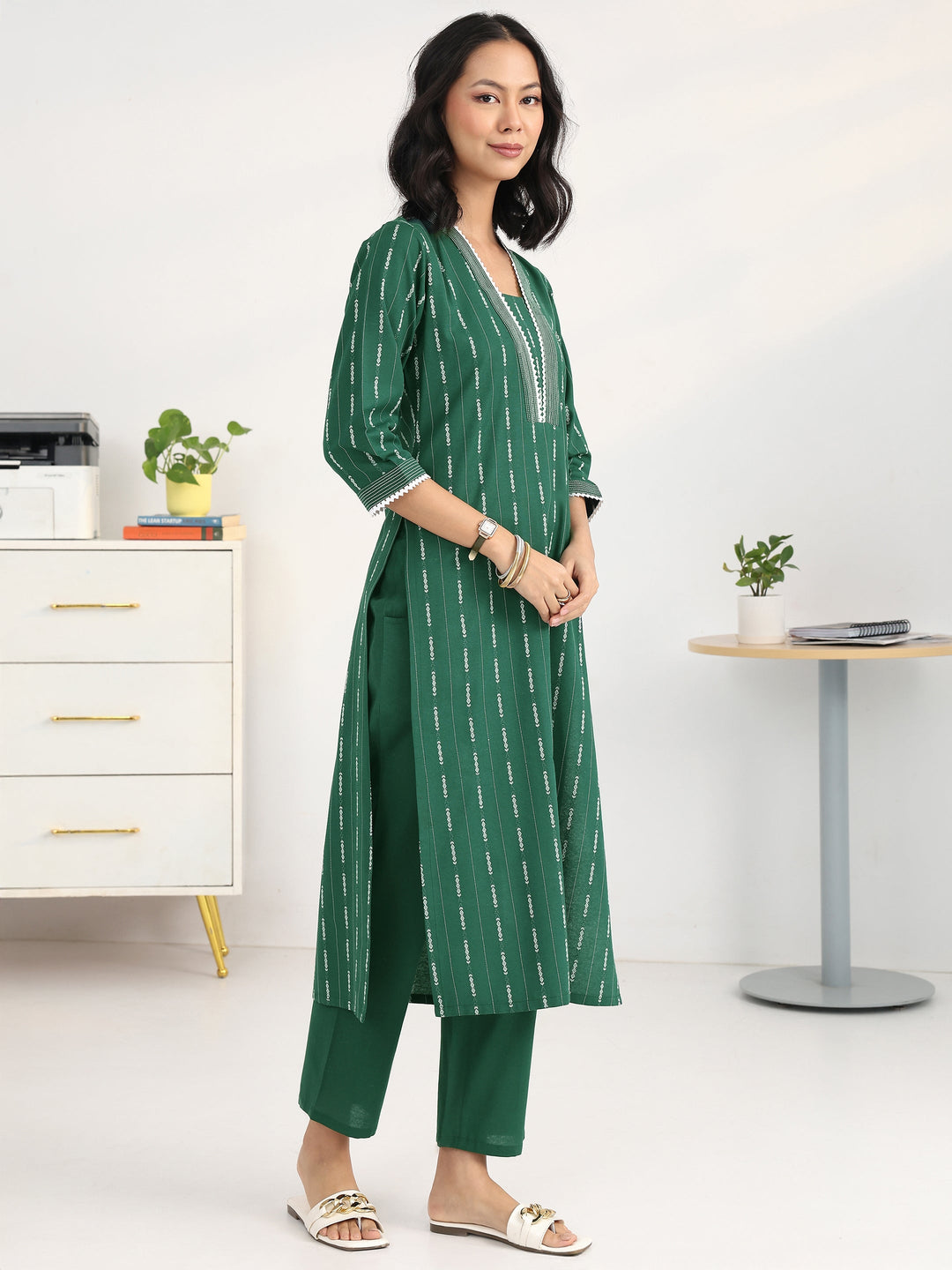 Green Ethnic Motif Woven Design Cotton Blend Straight Suit Set With Dupatta