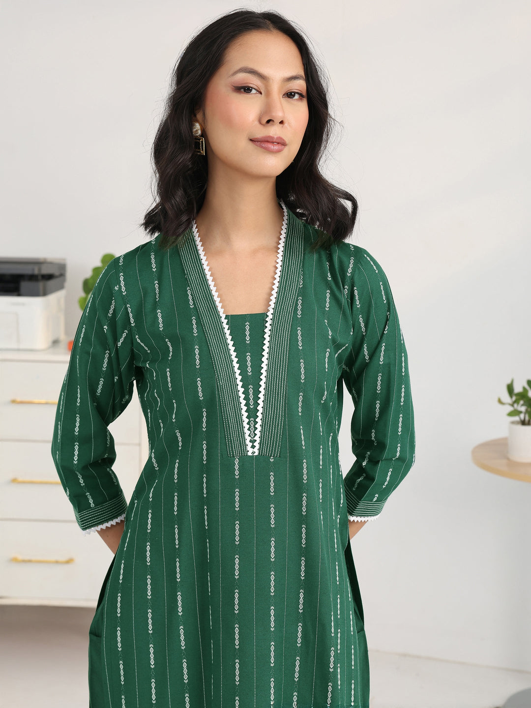 Green Ethnic Motif Woven Design Cotton Blend Straight Suit Set With Dupatta