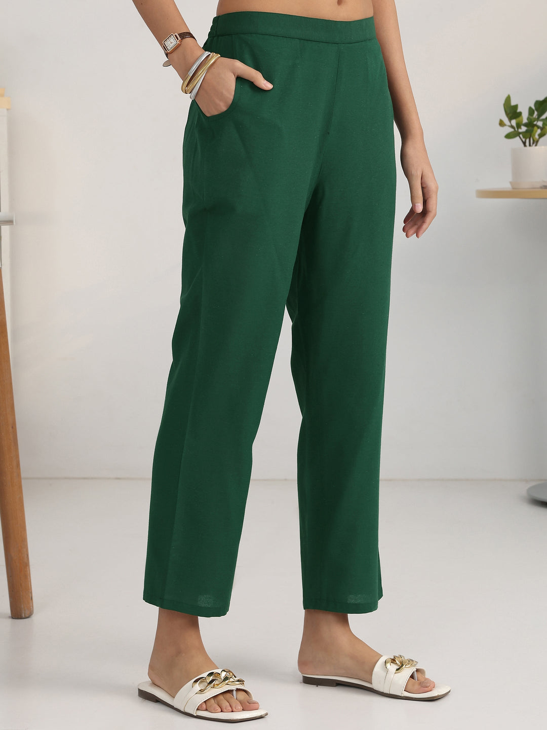 Green Ethnic Motif Woven Design Cotton Blend Straight Suit Set With Dupatta