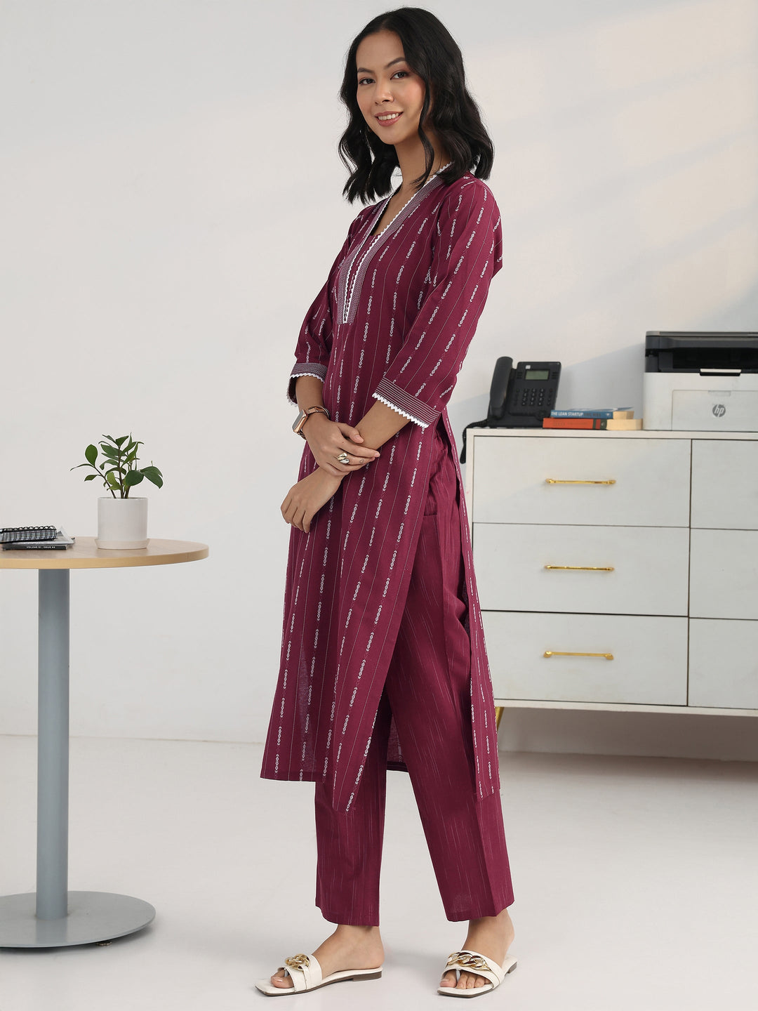 Maroon Ethnic Motif Woven Design Cotton Blend Straight Suit Set With Dupatta