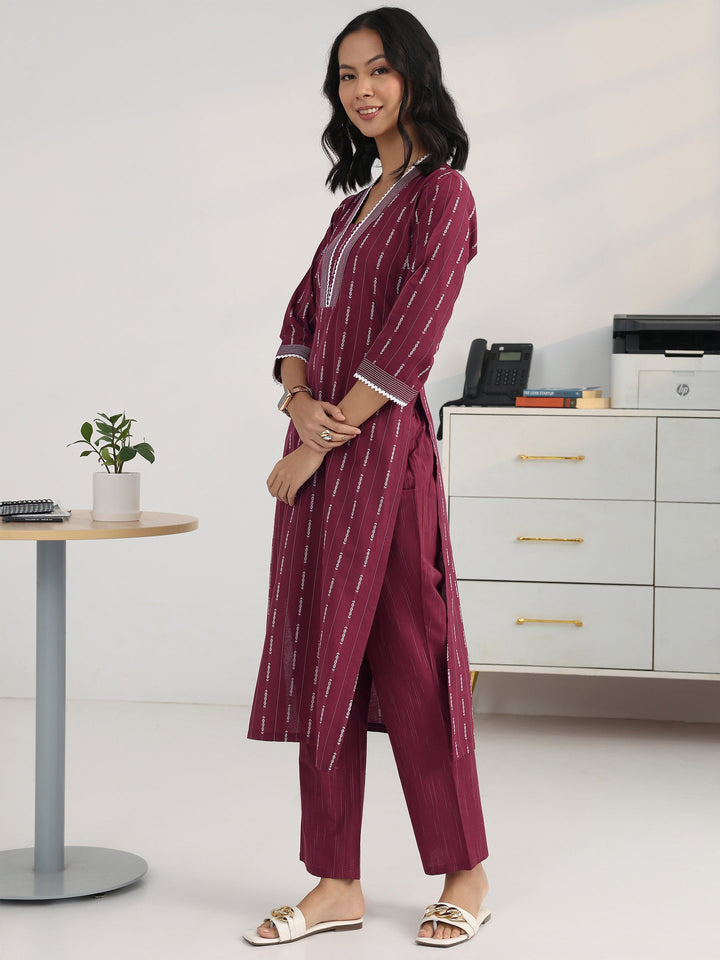 Maroon Ethnic Motif Woven Design Cotton Blend Straight Suit Set With Dupatta