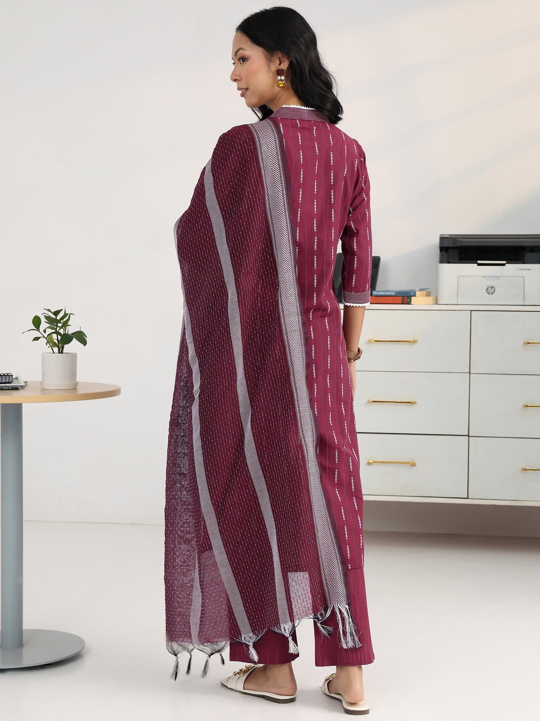 Maroon Ethnic Motif Woven Design Cotton Blend Straight Suit Set With Dupatta