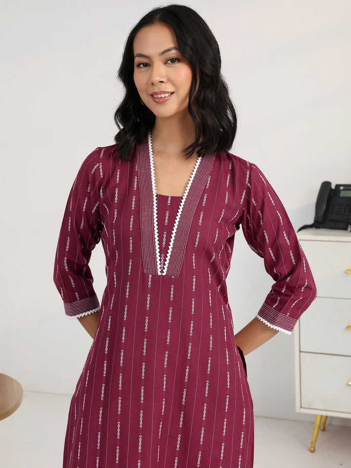 Maroon Ethnic Motif Woven Design Cotton Blend Straight Suit Set With Dupatta