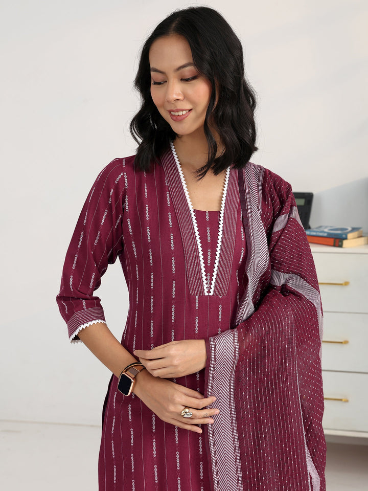 Maroon Ethnic Motif Woven Design Cotton Blend Straight Suit Set With Dupatta