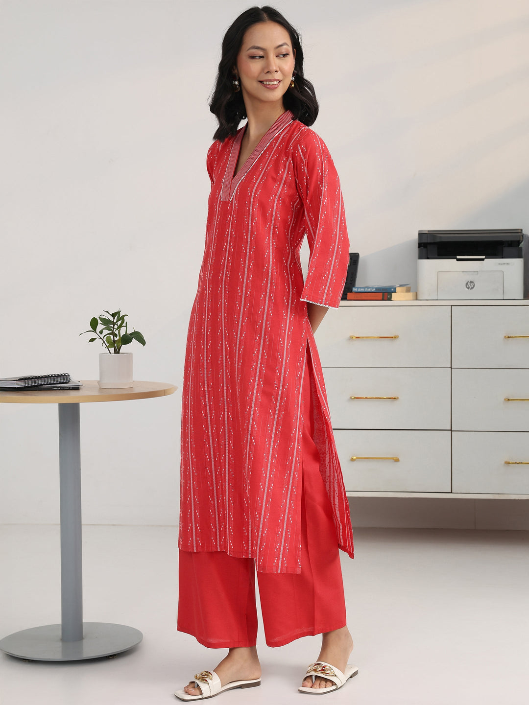 Red Ethnic Motif Woven Design Cotton Blend Straight Suit Set With Dupatta