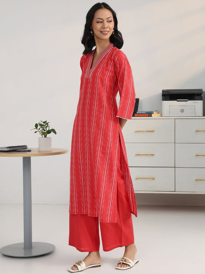 Red Ethnic Motif Woven Design Cotton Blend Straight Suit Set With Dupatta