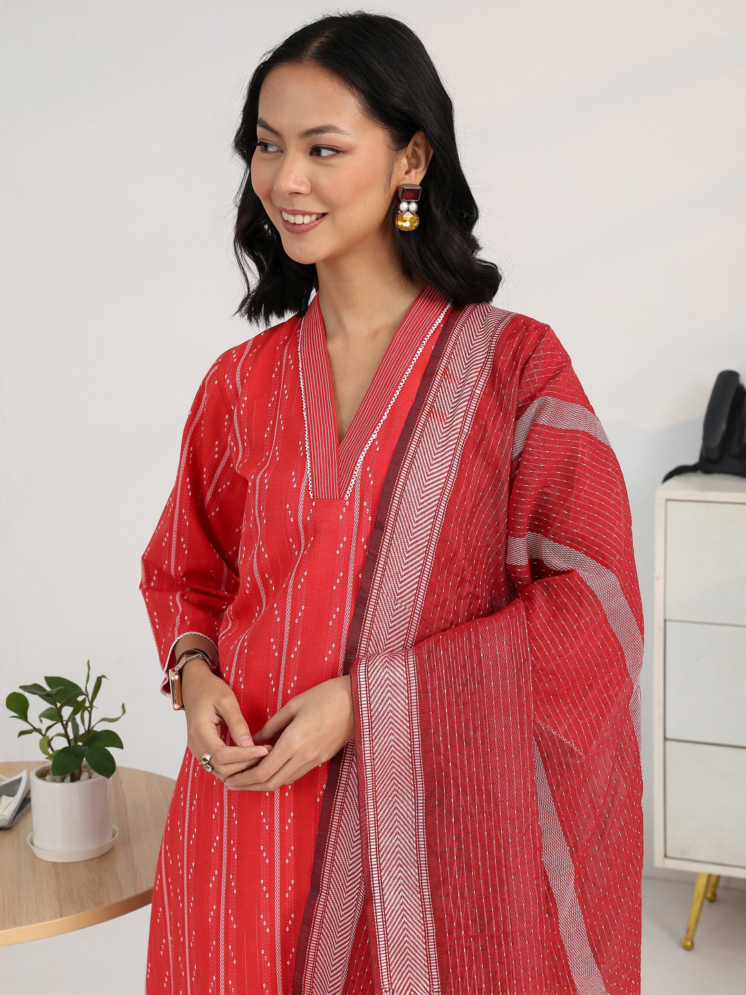 Red Ethnic Motif Woven Design Cotton Blend Straight Suit Set With Dupatta