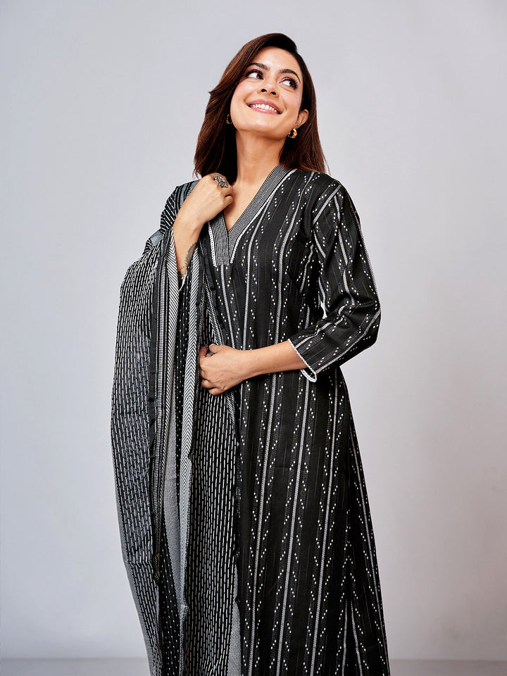 Gerua Boardroom Black Woven Design Cotton Blend Straight Suit Set