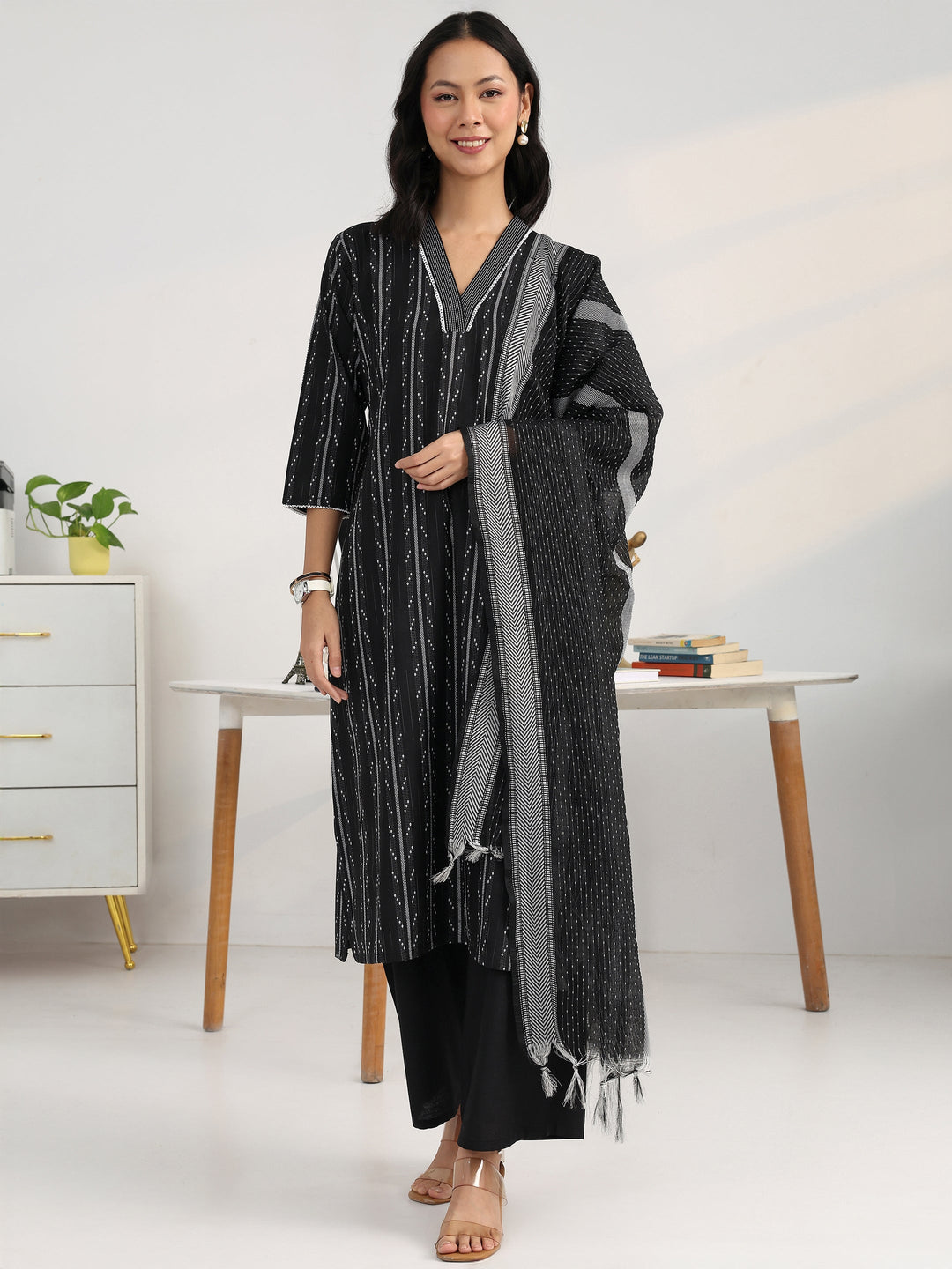 Boardroom Black Woven Design Cotton Blend Straight Suit Set