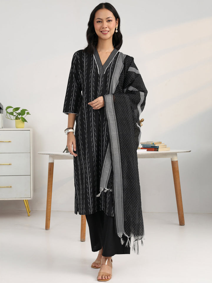 Boardroom Black Woven Design Cotton Blend Straight Suit Set