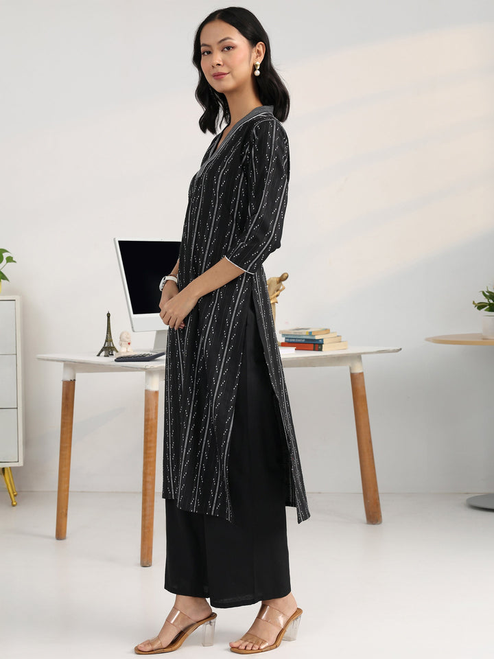 Boardroom Black Woven Design Cotton Blend Straight Suit Set