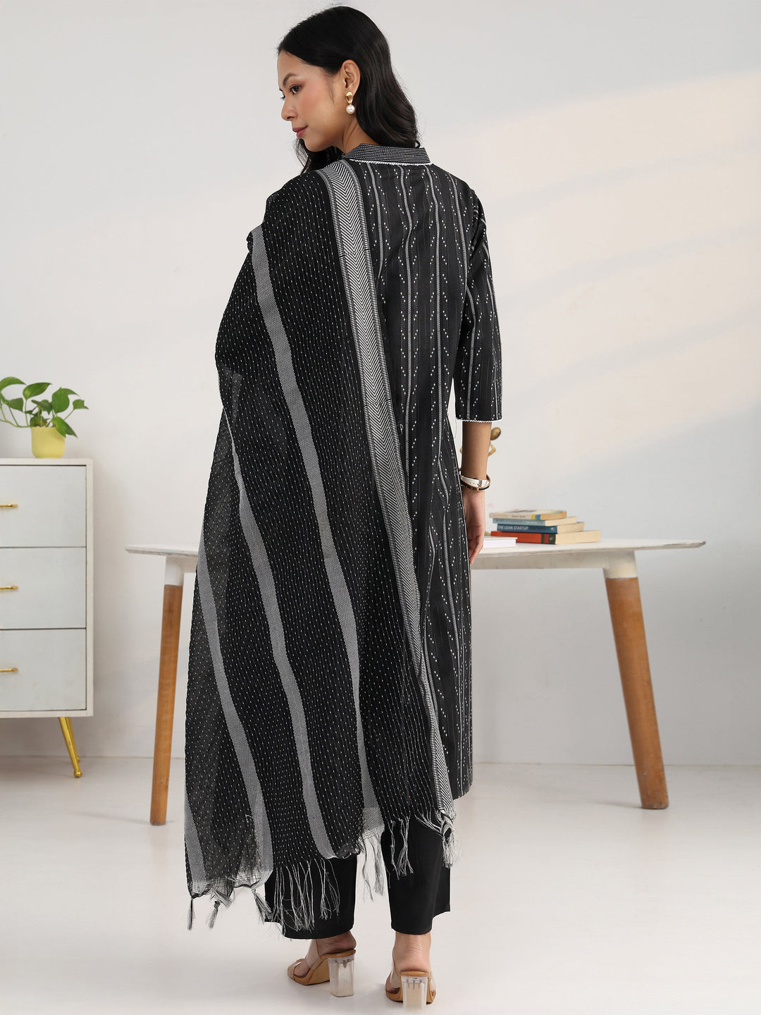 Boardroom Black Woven Design Cotton Blend Straight Suit Set