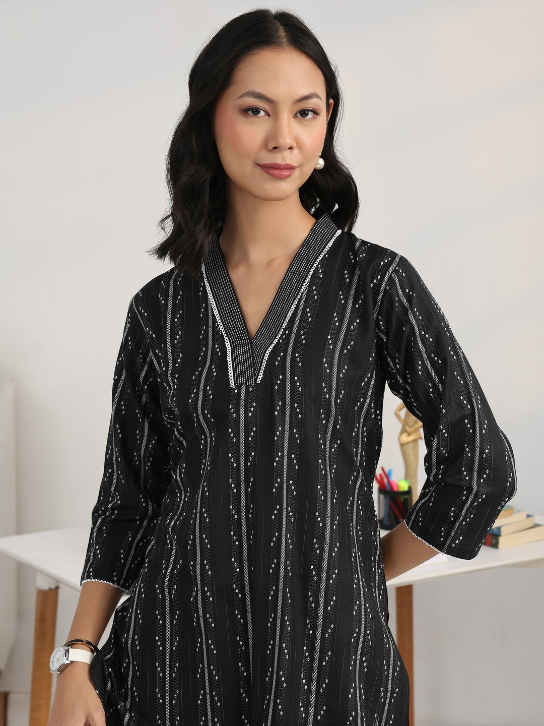 Boardroom Black Woven Design Cotton Blend Straight Suit Set