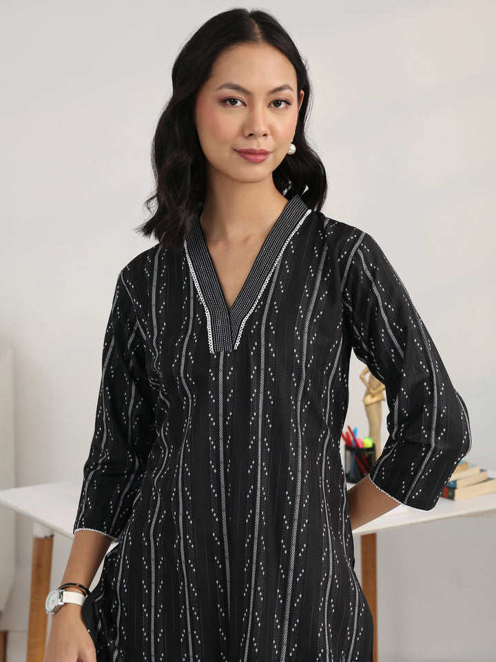 Boardroom Black Woven Design Cotton Blend Straight Suit Set