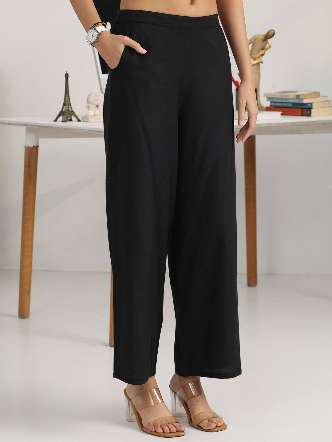 Boardroom Black Woven Design Cotton Blend Straight Suit Set