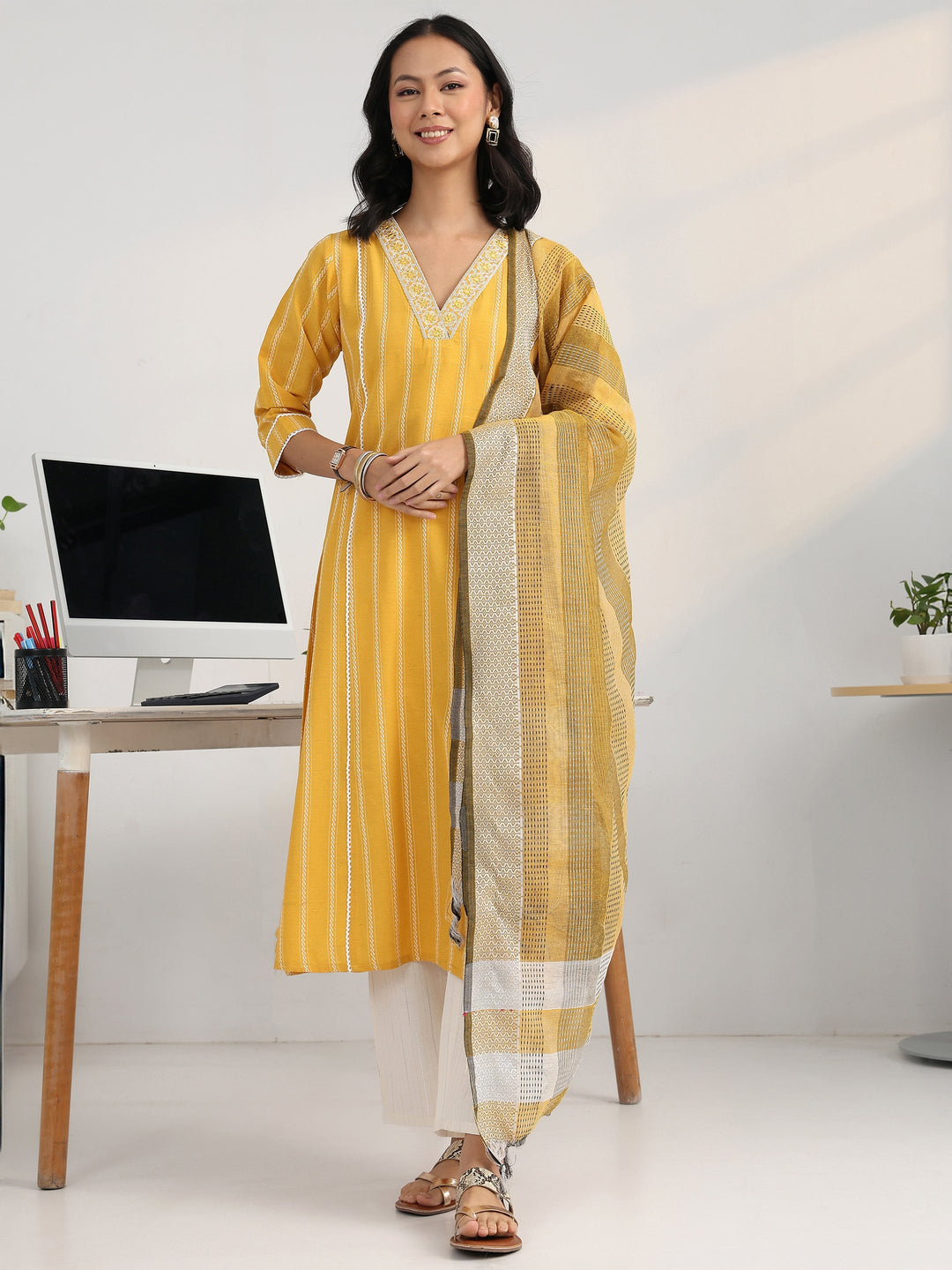 Yellow Ethnic Motif Woven Design Cotton Blend A-Line Suit Set With Dupatta