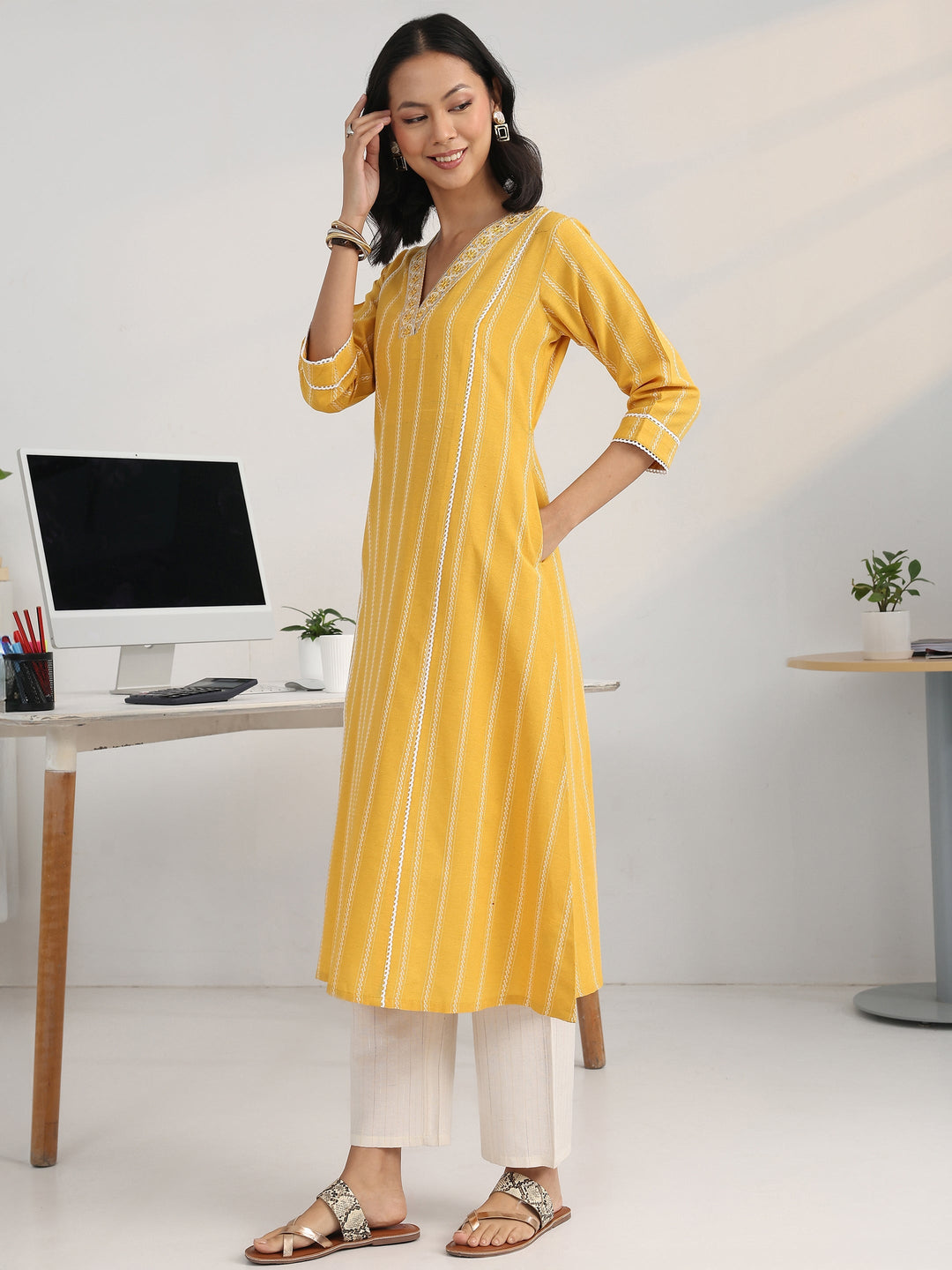 Yellow Ethnic Motif Woven Design Cotton Blend A-Line Suit Set With Dupatta