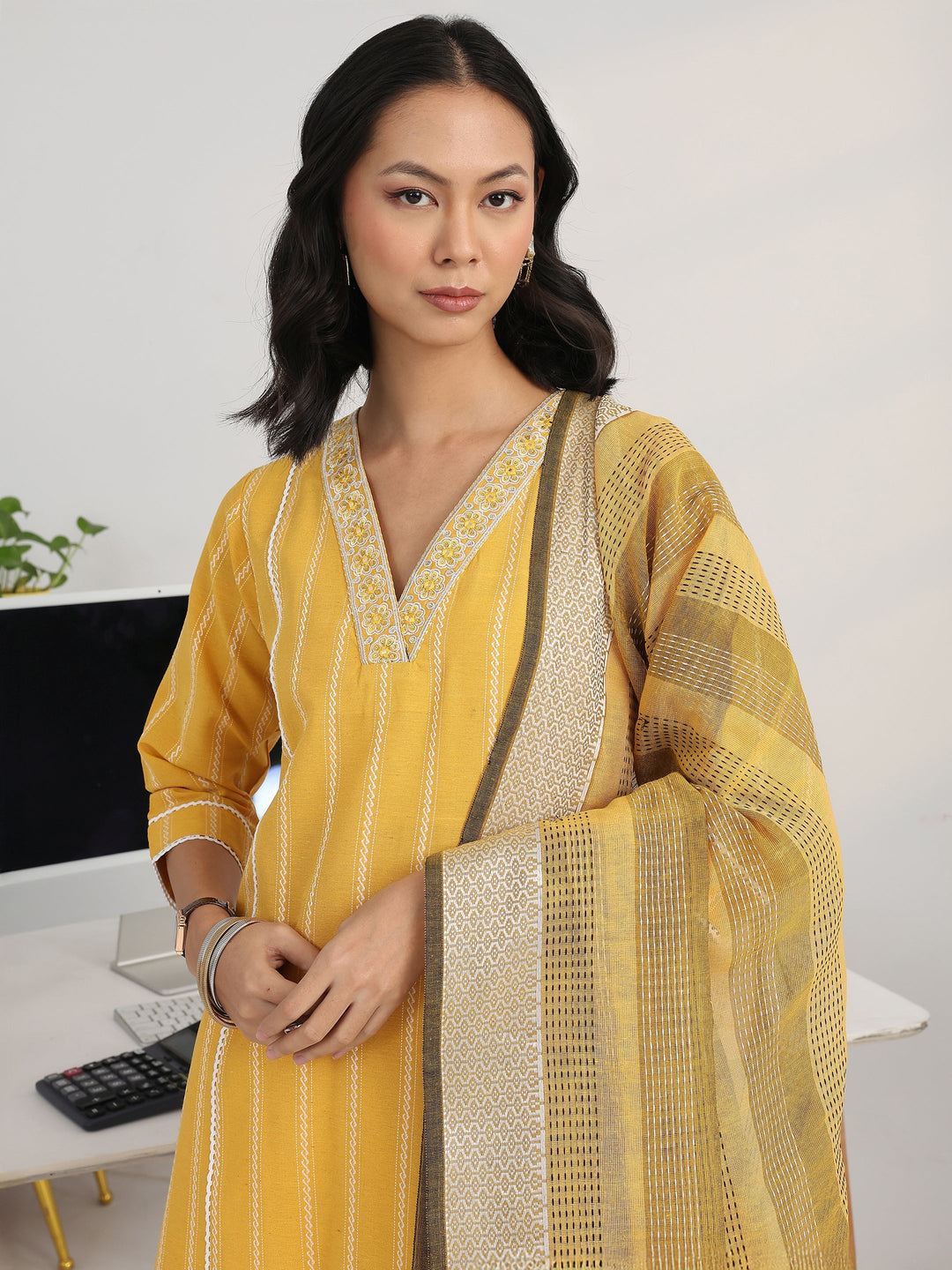 Yellow Ethnic Motif Woven Design Cotton Blend A-Line Suit Set With Dupatta