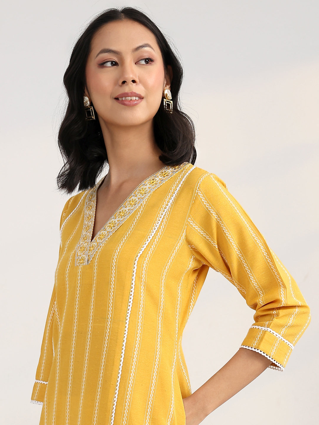 Yellow Ethnic Motif Woven Design Cotton Blend A-Line Suit Set With Dupatta