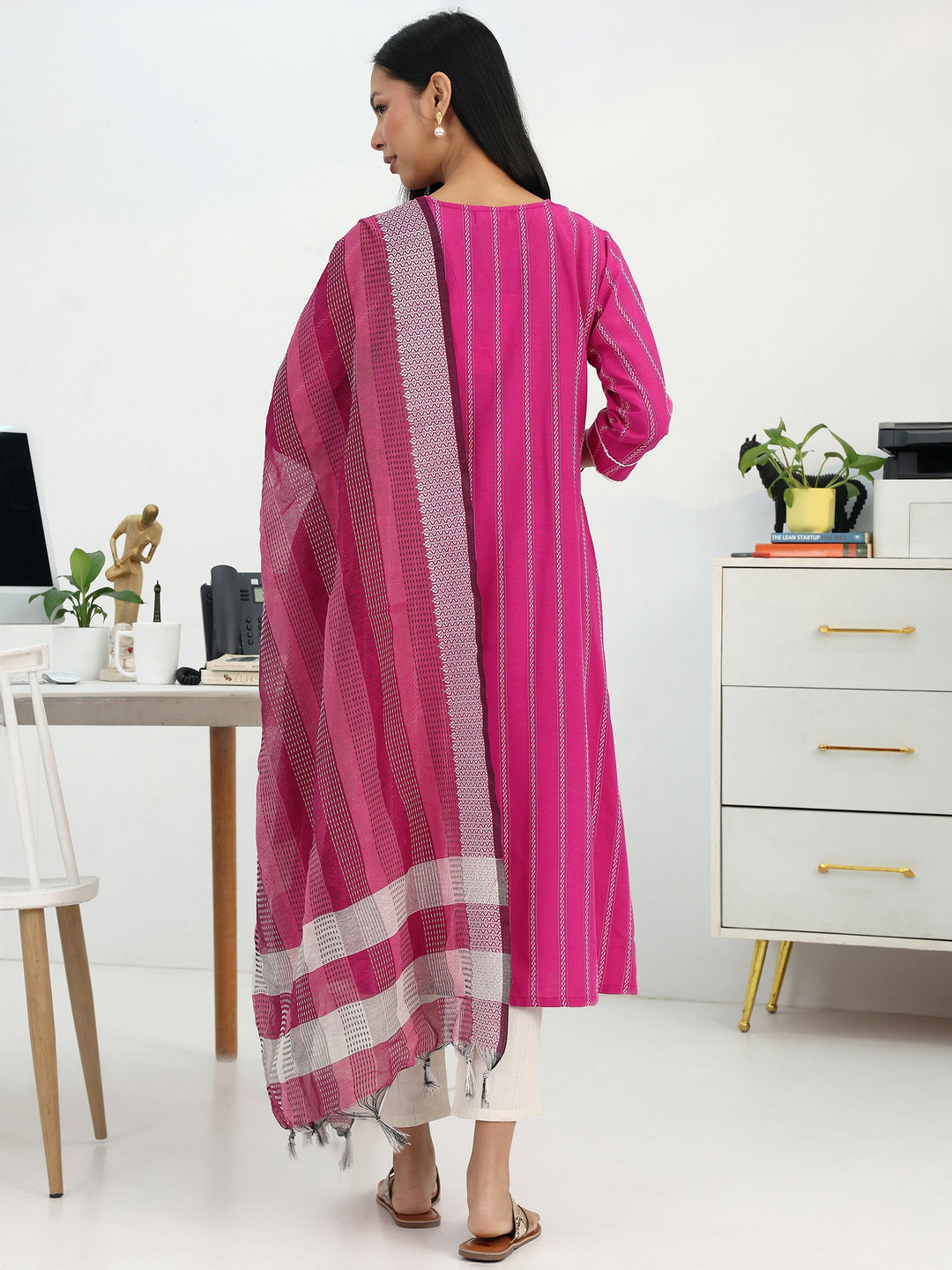 Pink Ethnic Motif Woven Design Cotton Blend A-Line Suit Set With Dupatta