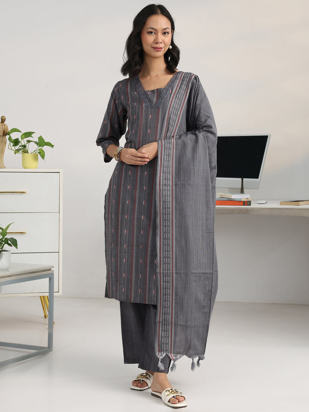 Grey Geometric Woven Design Cotton Blend Straight Suit Set With Dupatta