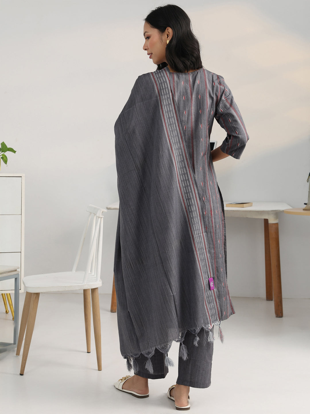 Grey Geometric Woven Design Cotton Blend Straight Suit Set With Dupatta