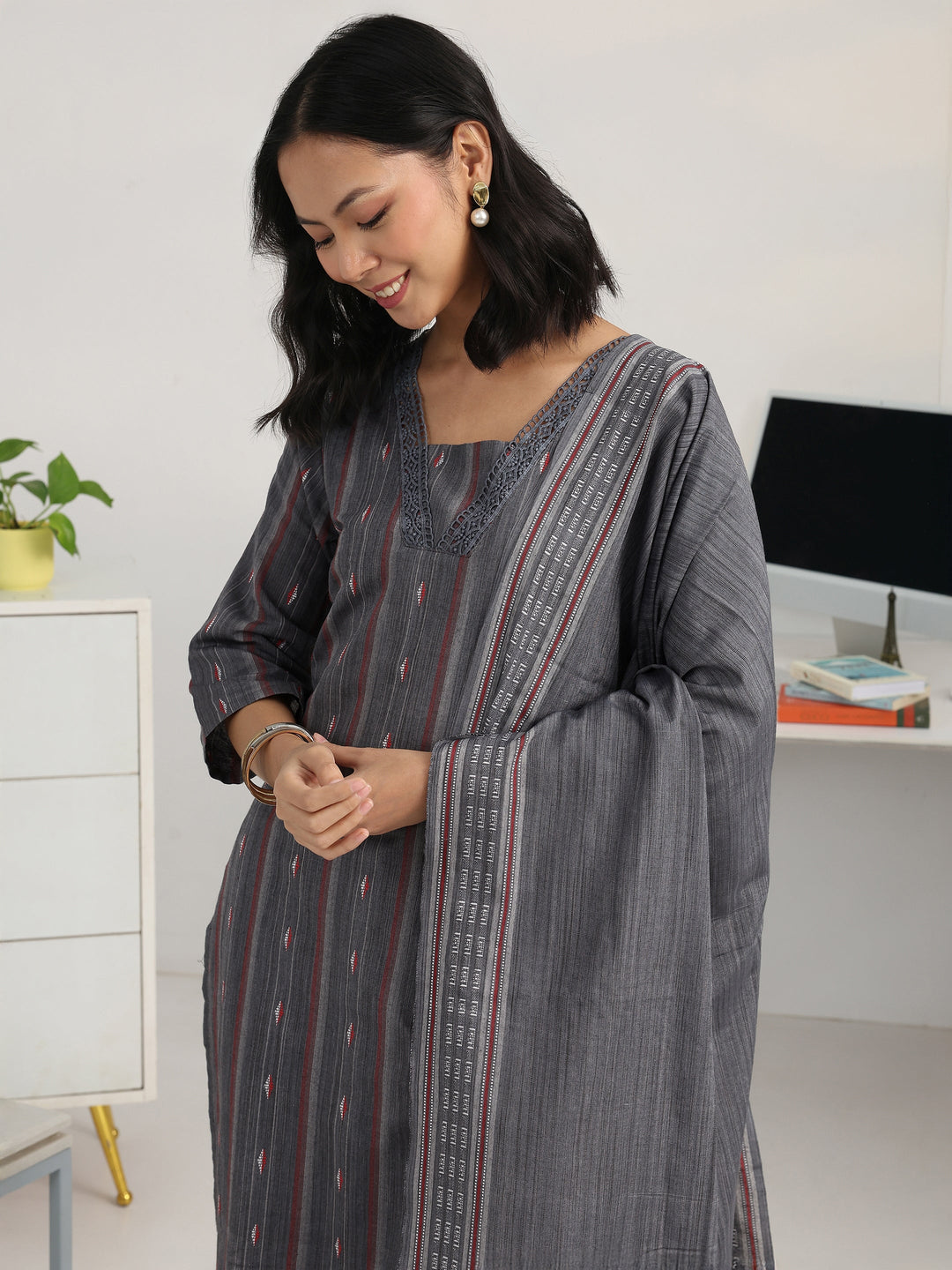Grey Geometric Woven Design Cotton Blend Straight Suit Set With Dupatta