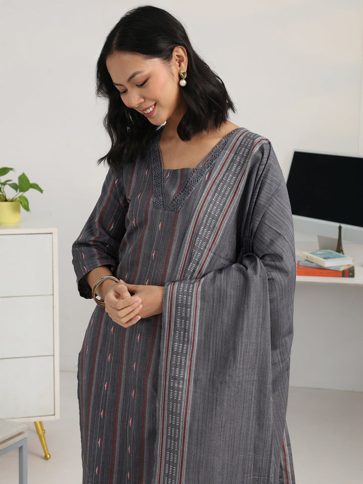 Grey Geometric Woven Design Cotton Blend Straight Suit Set With Dupatta