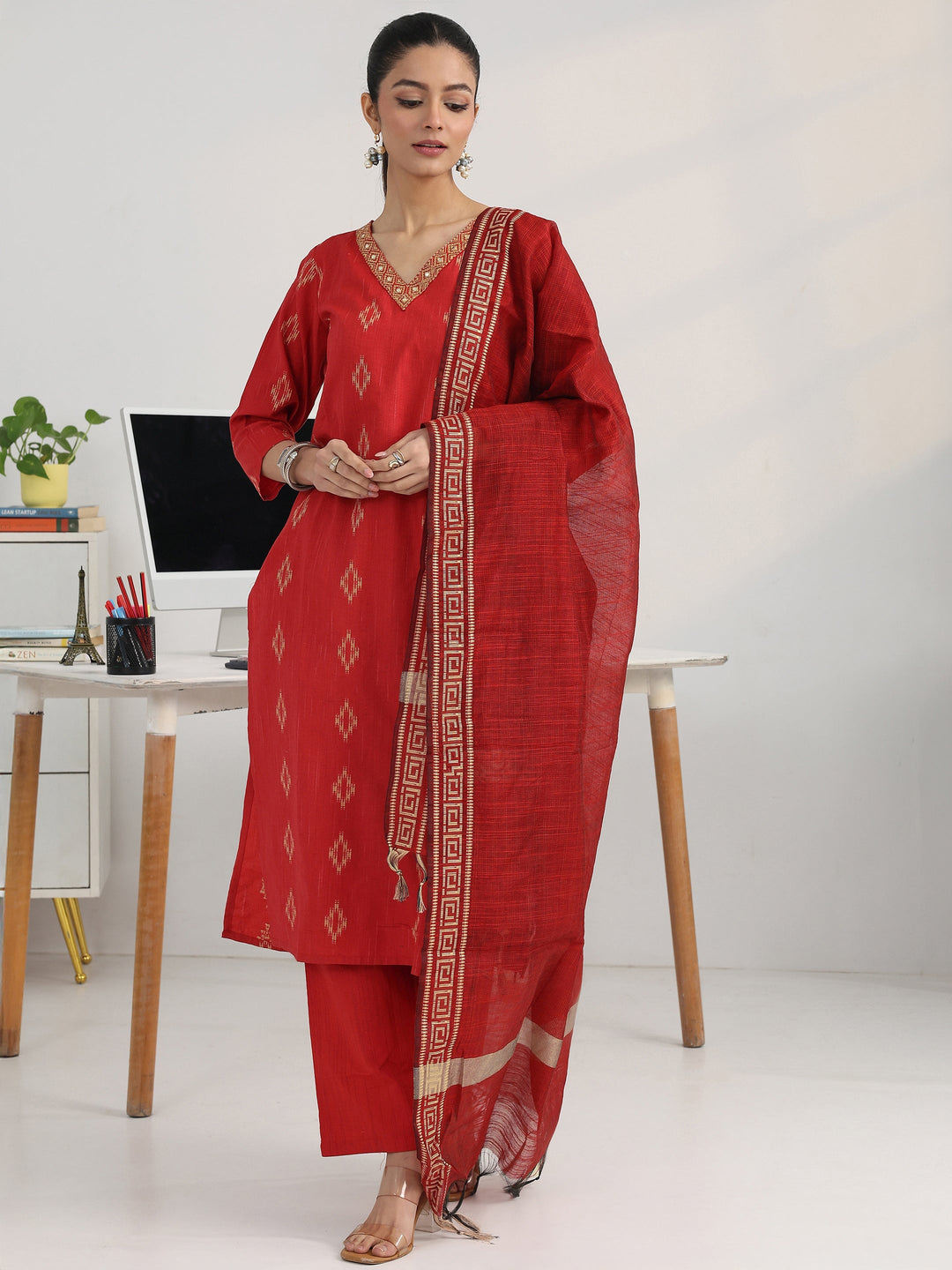 Red Geometric Woven Design Cotton Blend Straight Suit Set With Dupatta