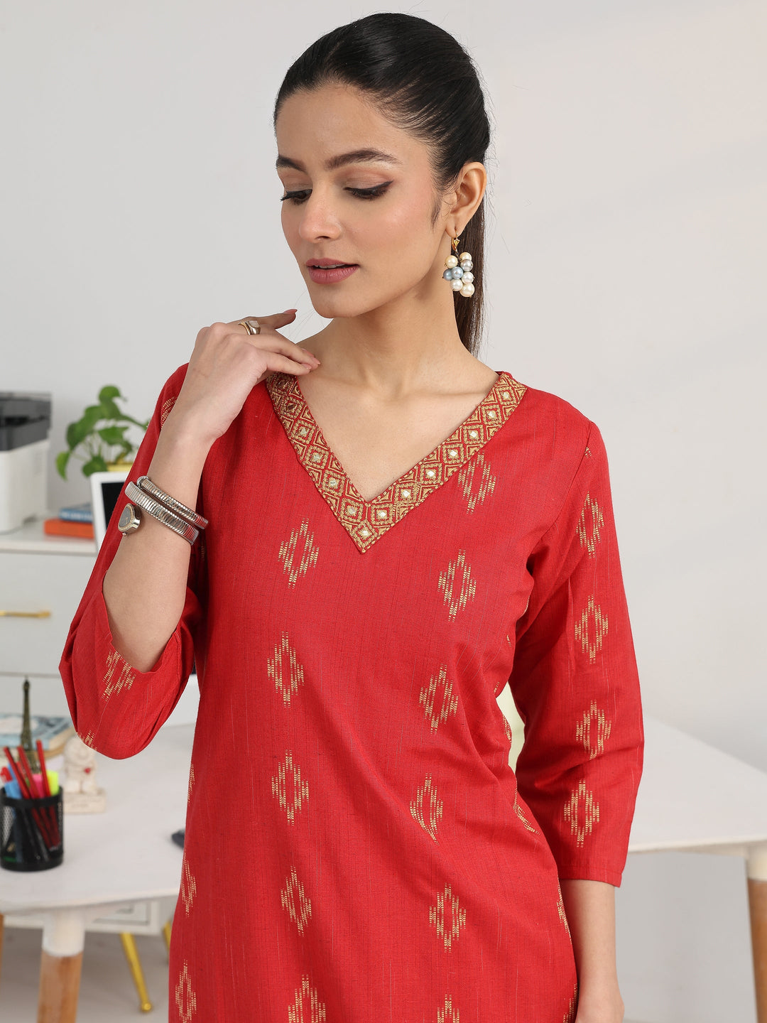Red Geometric Woven Design Cotton Blend Straight Suit Set With Dupatta