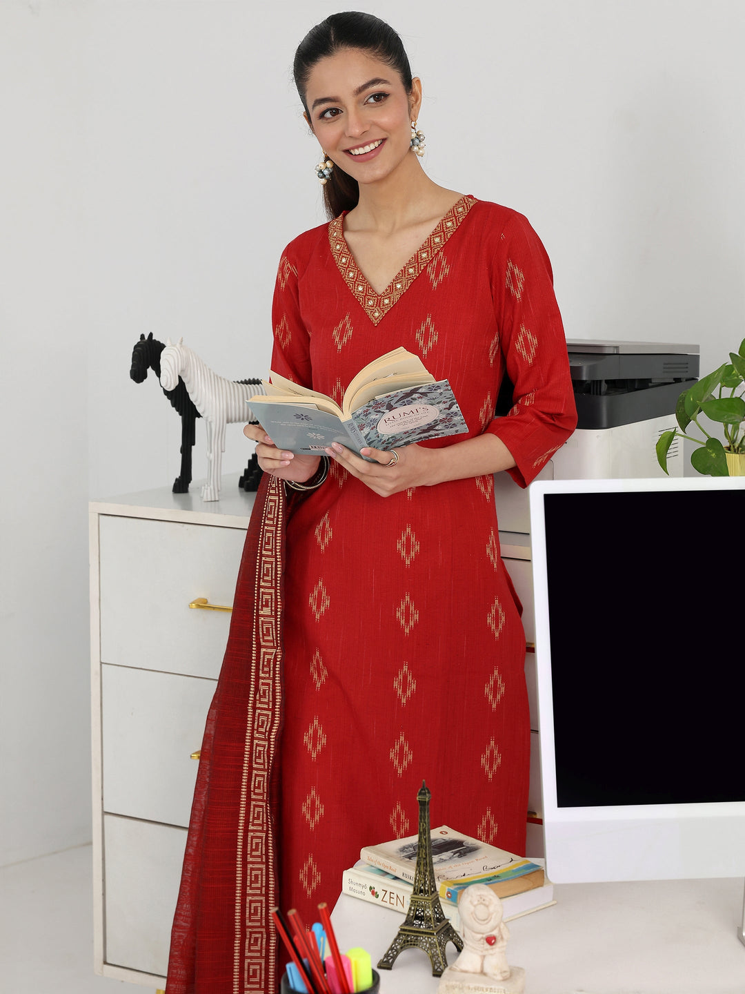 Red Geometric Woven Design Cotton Blend Straight Suit Set With Dupatta